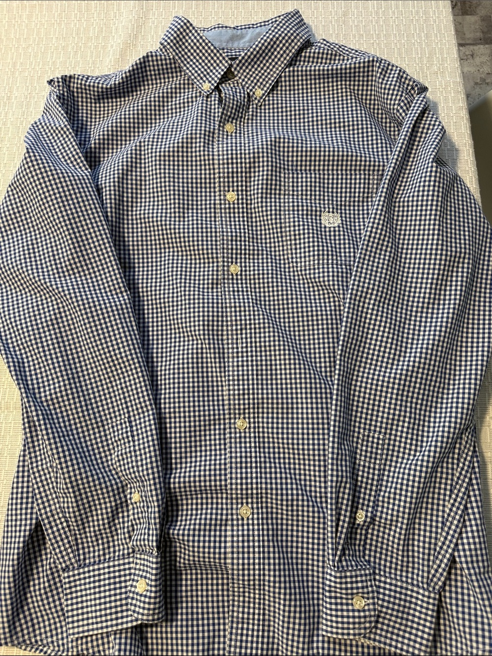 Chaps Blue and White Gingham Button-Down Shirt with Logo